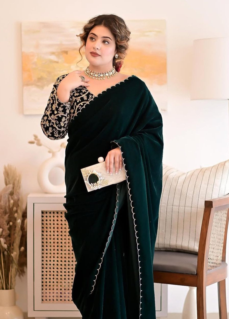 Regal Emerald – Dark Green Velvet Saree with Embroidered Blouse