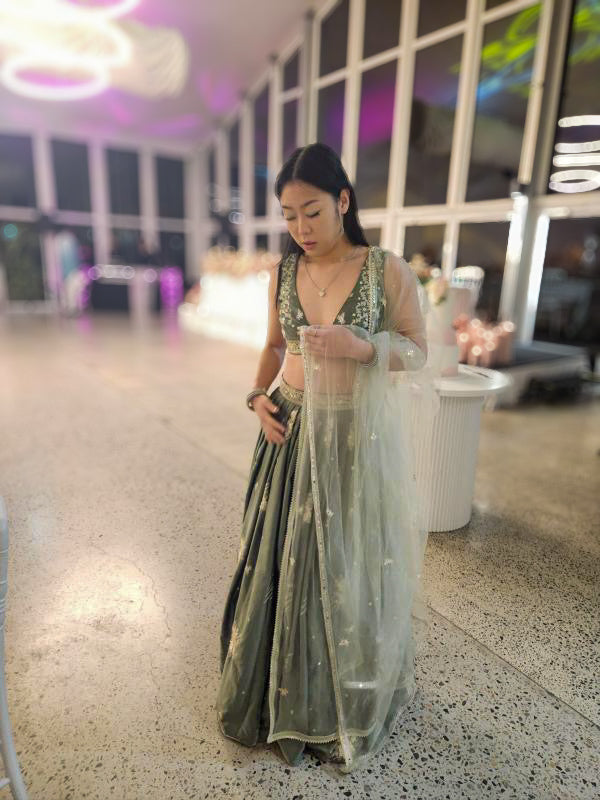 Serene Elegance: Dusty Olive Satin Lehenga