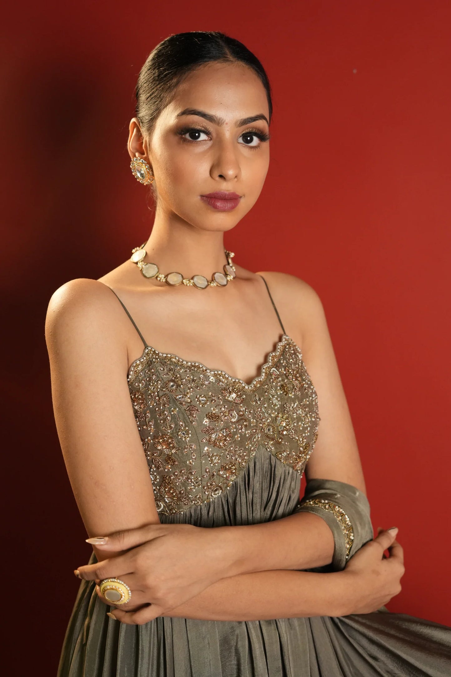 Olive green anarkali suit