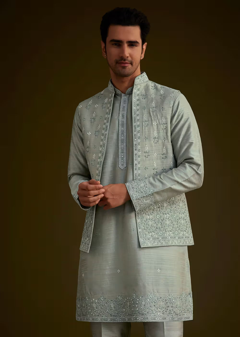 Pista green silk jacket set