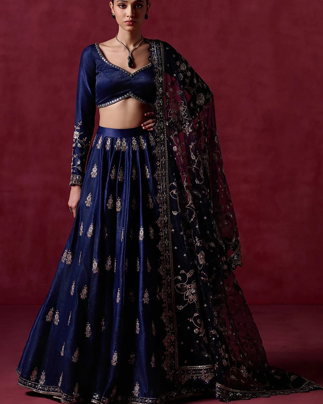 Midnight Majesty: Navy Blue Embroidered Lehenga