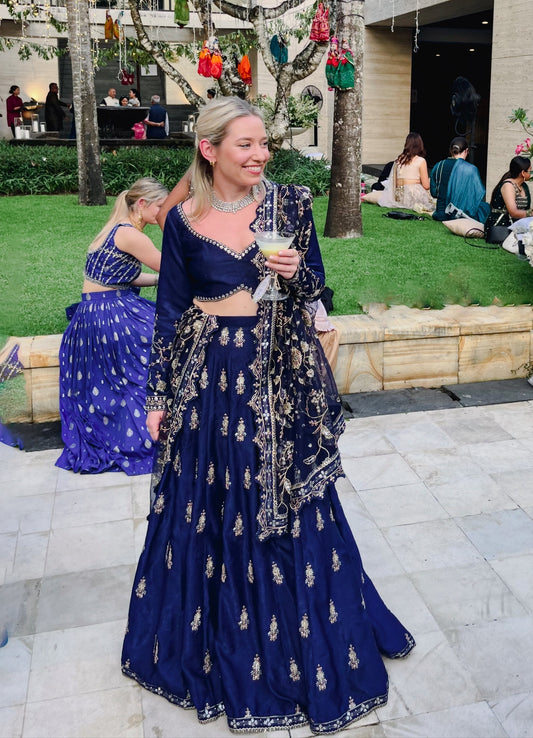 Midnight Majesty: Navy Blue Embroidered Lehenga