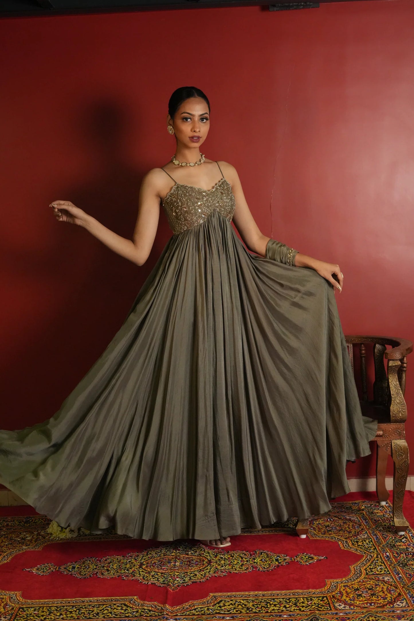 Olive green anarkali suit