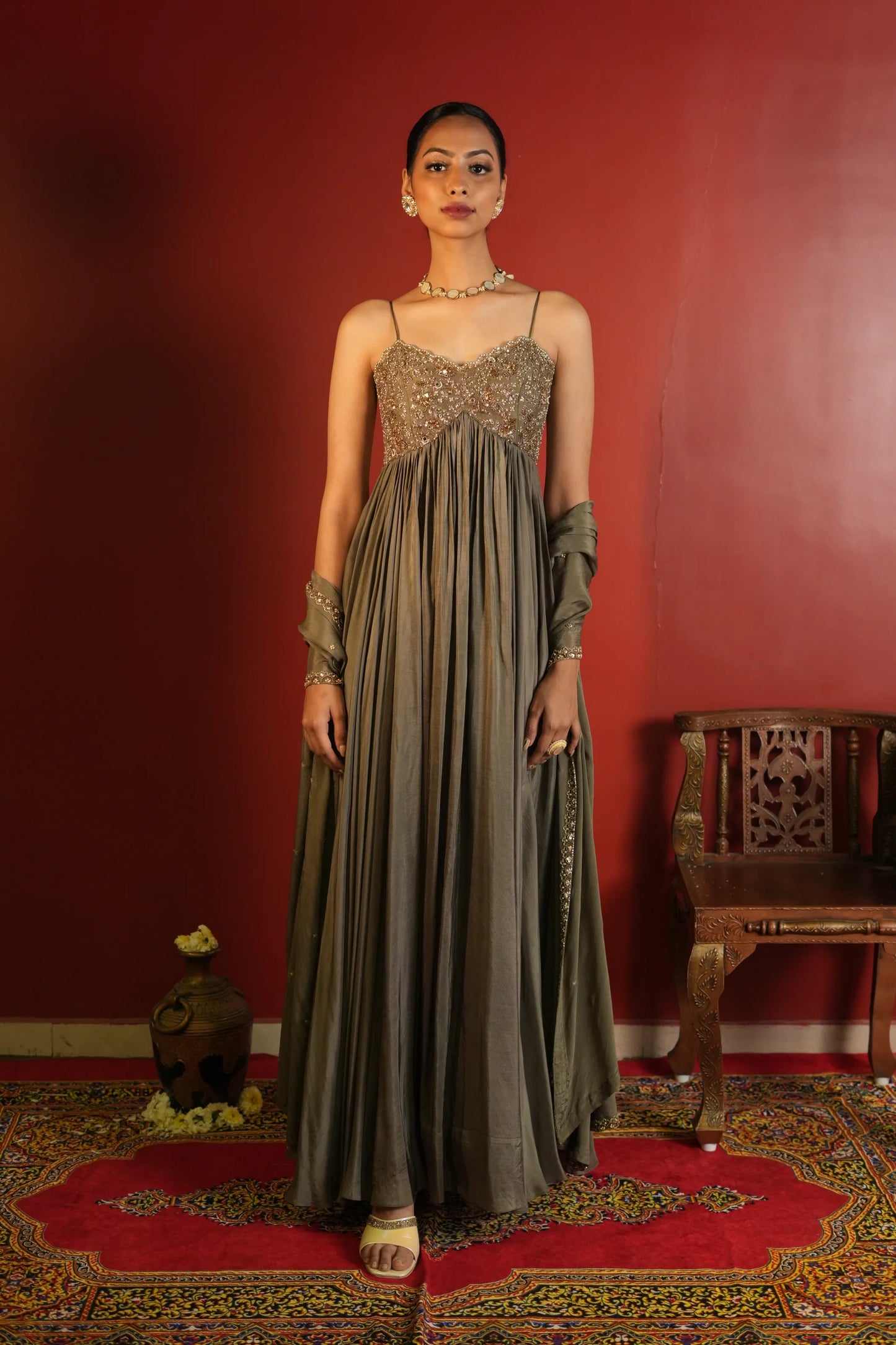 Olive green anarkali suit