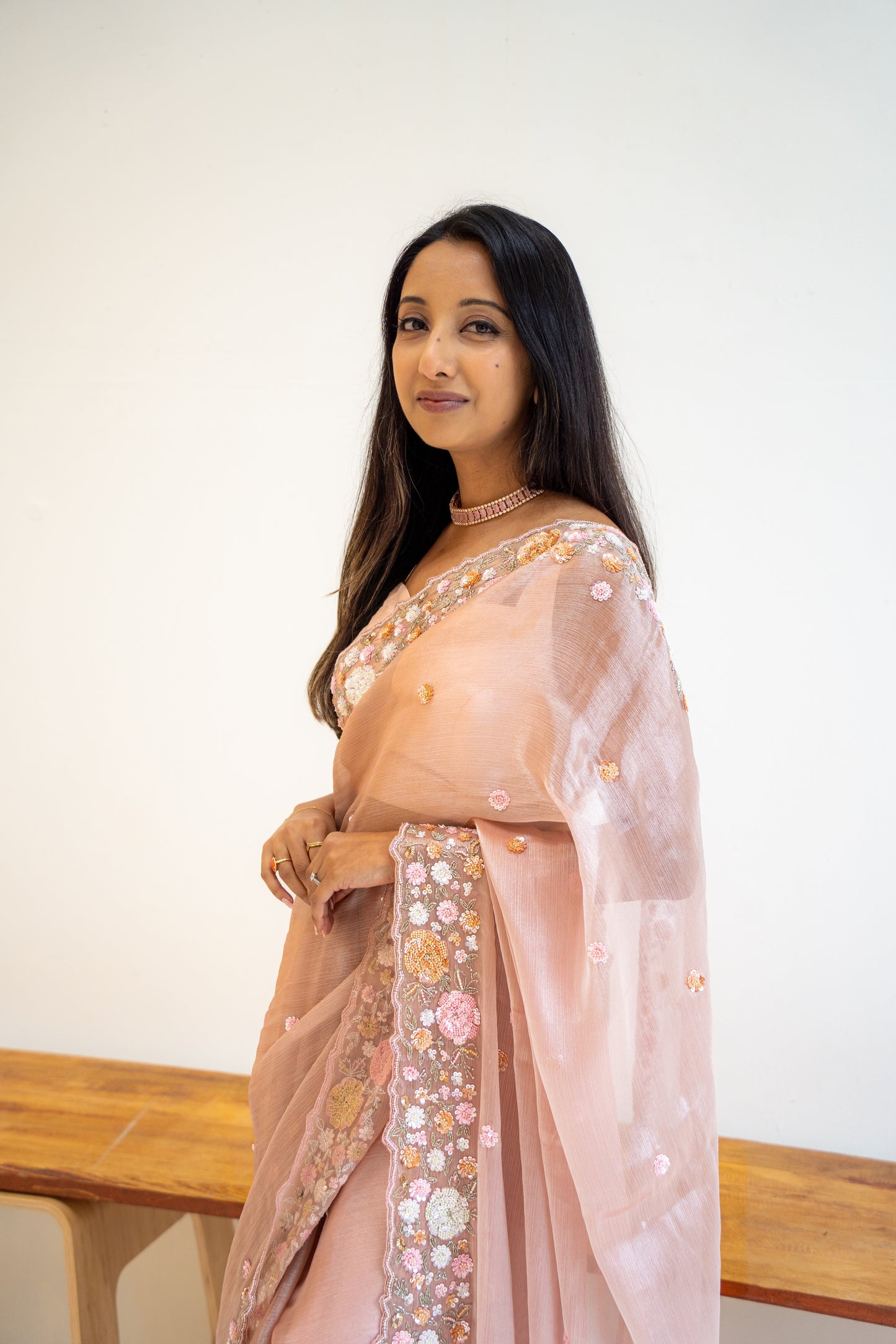 Light Pink Soft Tissue Silk Pre-Stitched Saree