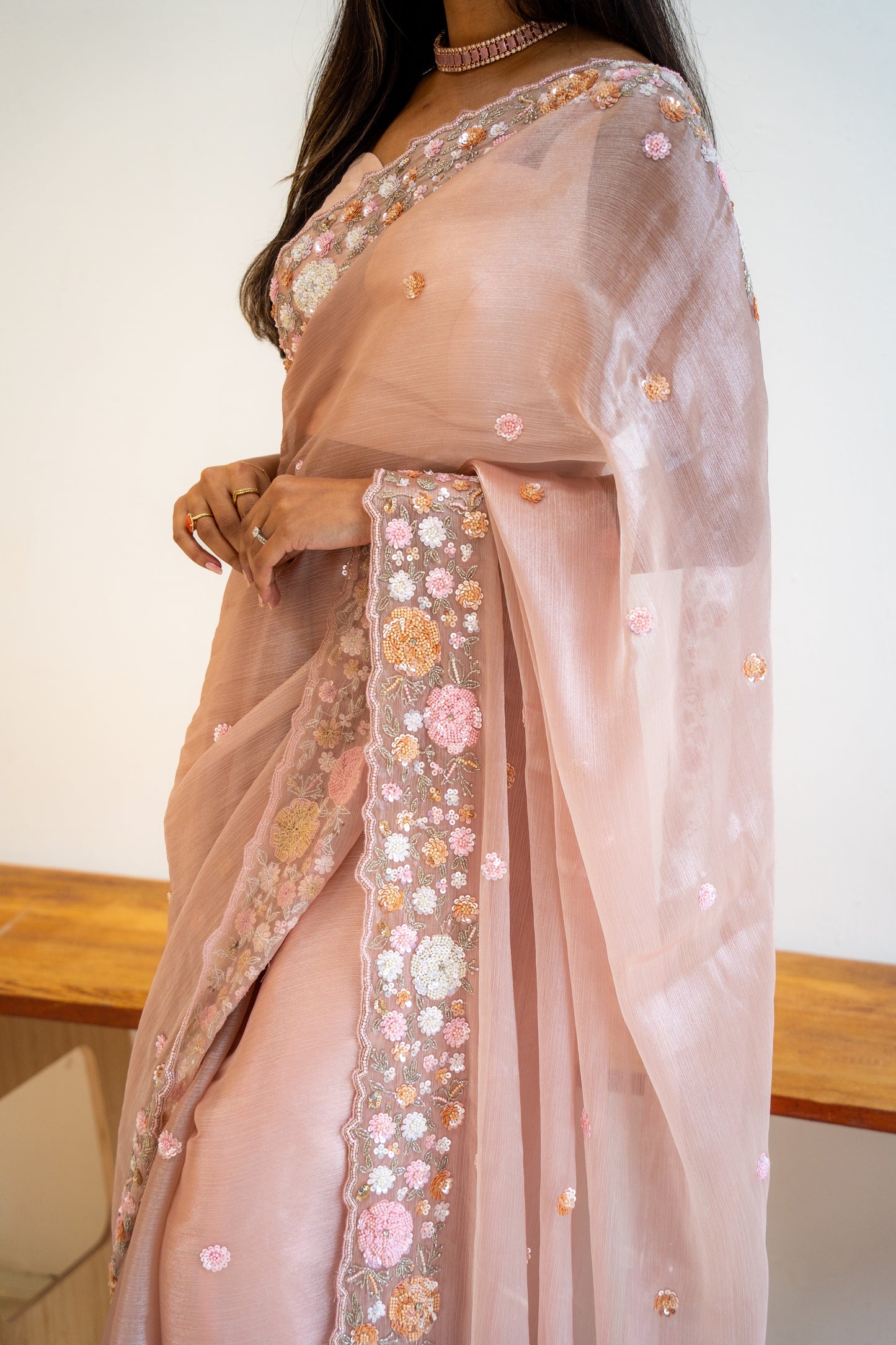 Light Pink Soft Tissue Silk Pre-Stitched Saree
