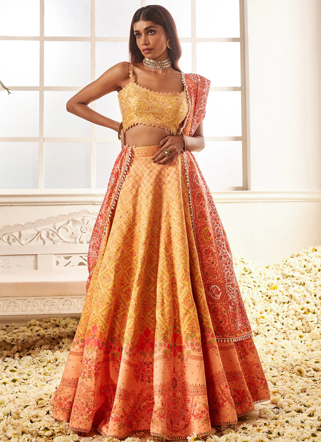 Sunlit Dreams: Yellow & Orange Satin Printed Lehenga