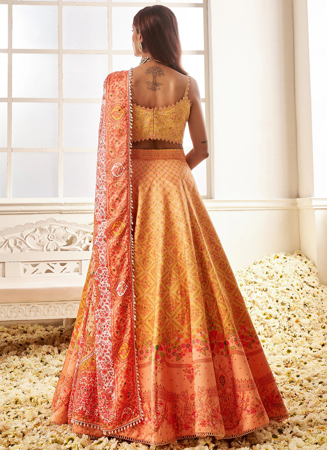 Sunlit Dreams: Yellow & Orange Satin Printed Lehenga