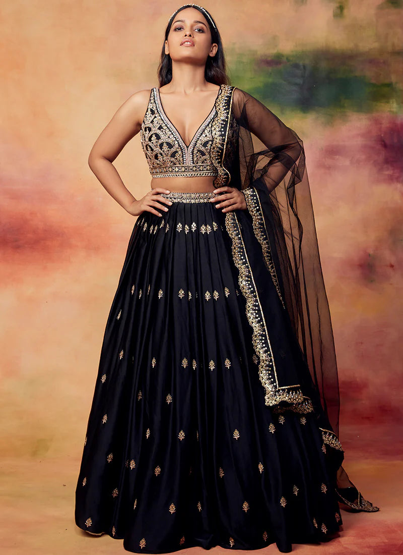 Eternal Elegance: Black Silk/Satin Lehenga