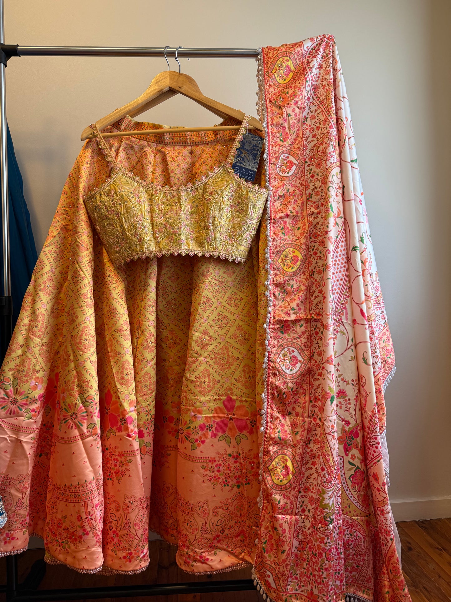 Sunlit Dreams: Yellow & Orange Satin Printed Lehenga