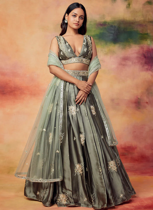 Serene Elegance: Dusty Olive Satin Lehenga