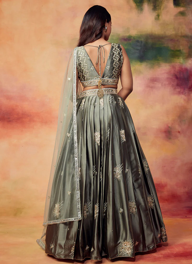 Serene Elegance: Dusty Olive Satin Lehenga