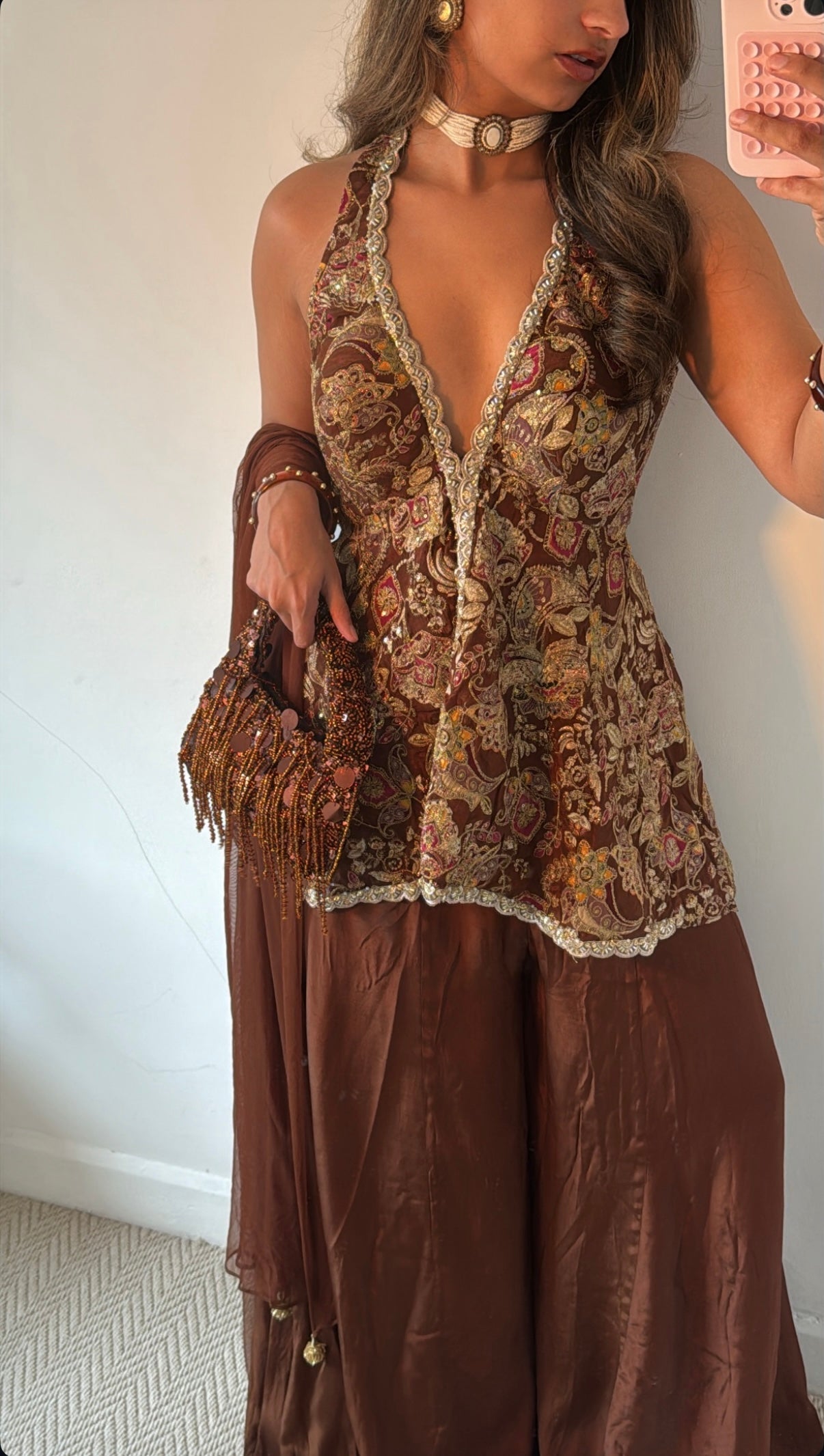 Brown halter nech sharara set