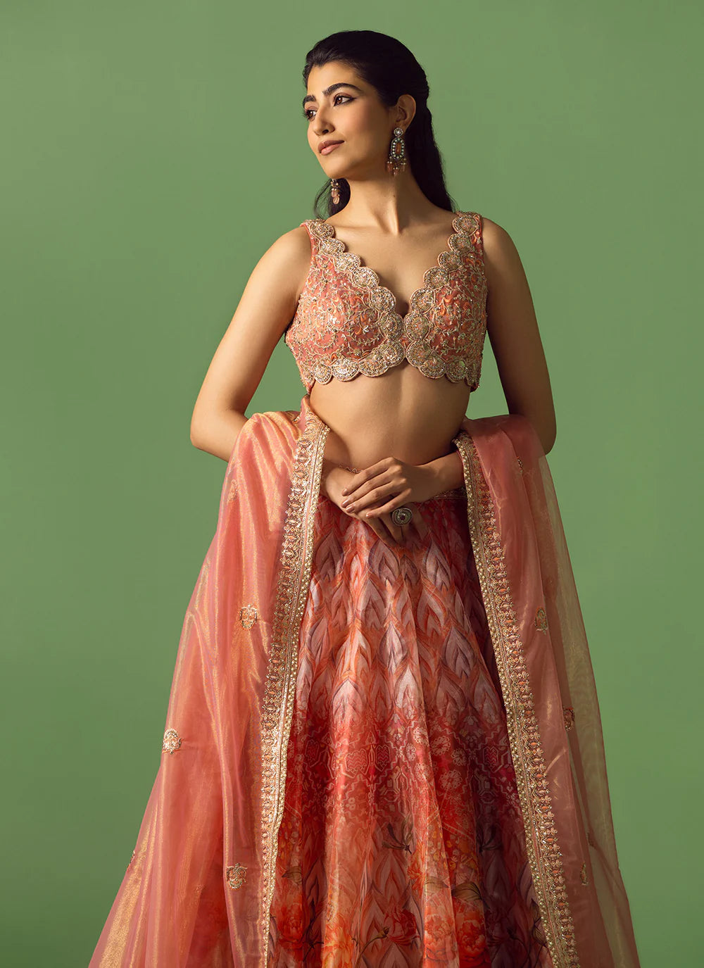 Peach Multicolor Floral Printed Organza Lehenga