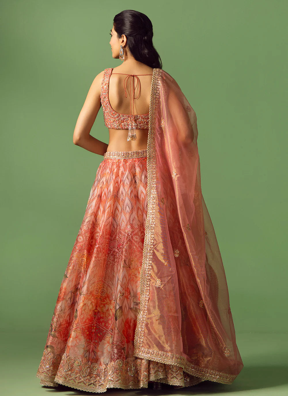 Peach Multicolor Floral Printed Organza Lehenga