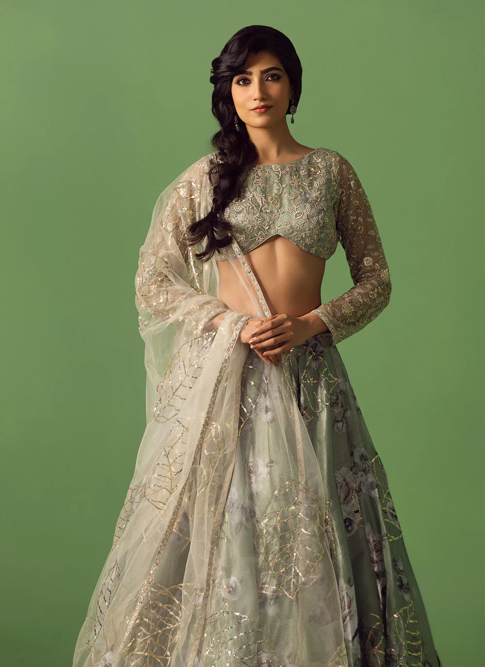 Sage green floral printed organza lehenga