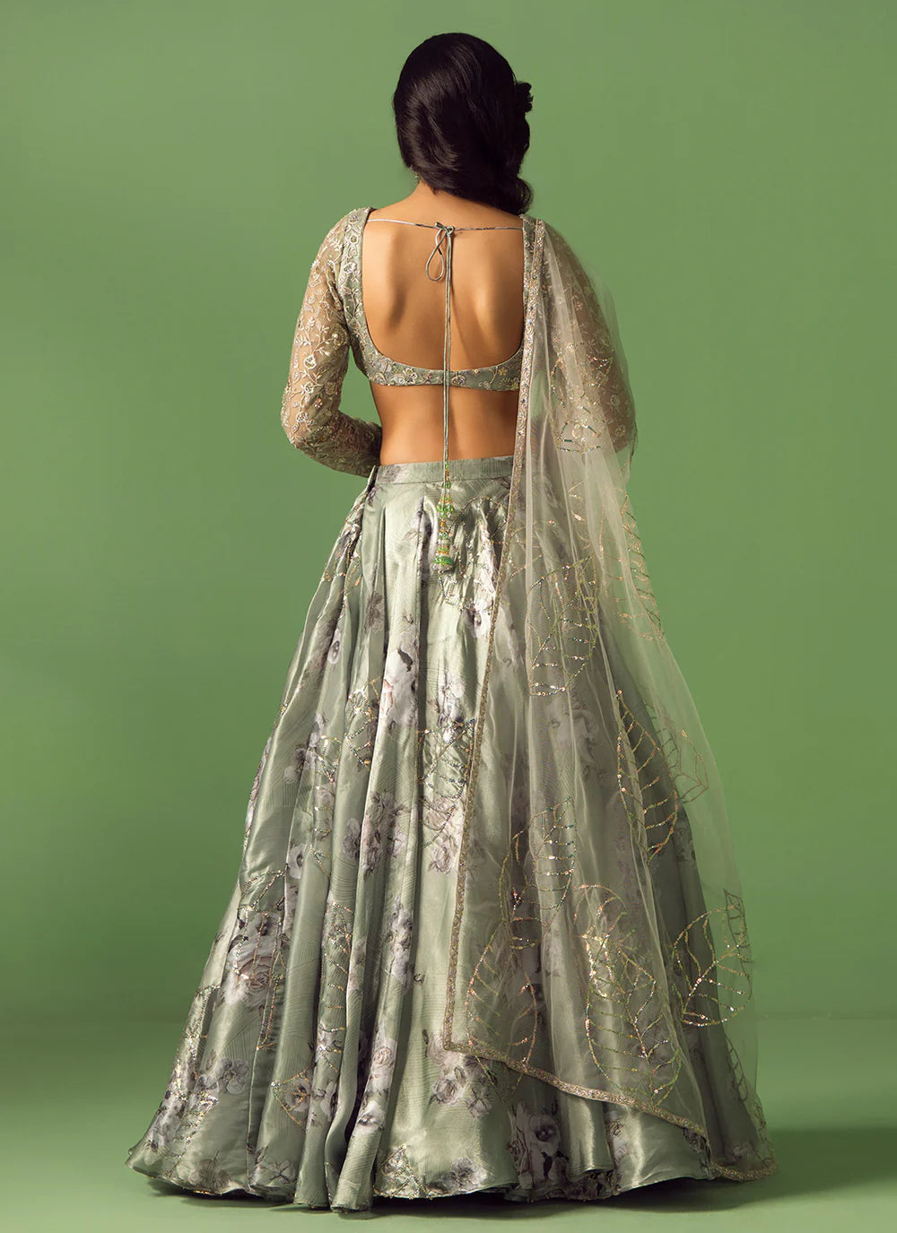 Sage green floral printed organza lehenga