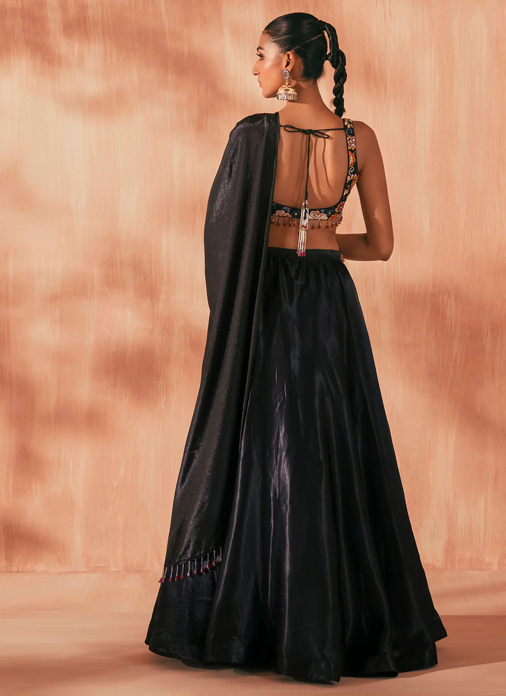 Black embroidered satin lehenga