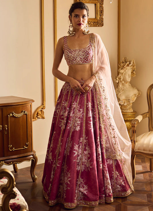 Maroon floral printed lehenga