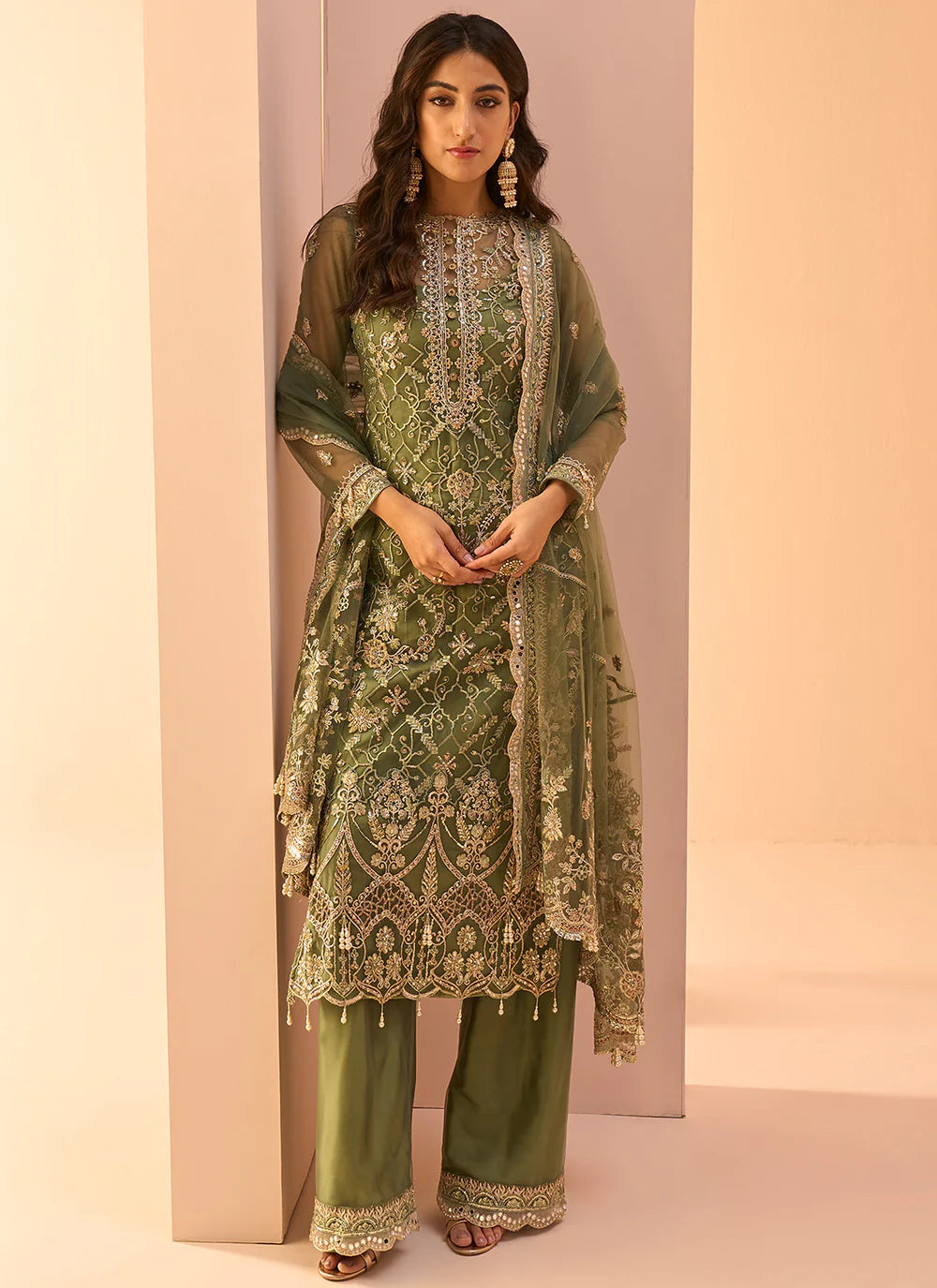 Dusty green embroidered palazzo suit