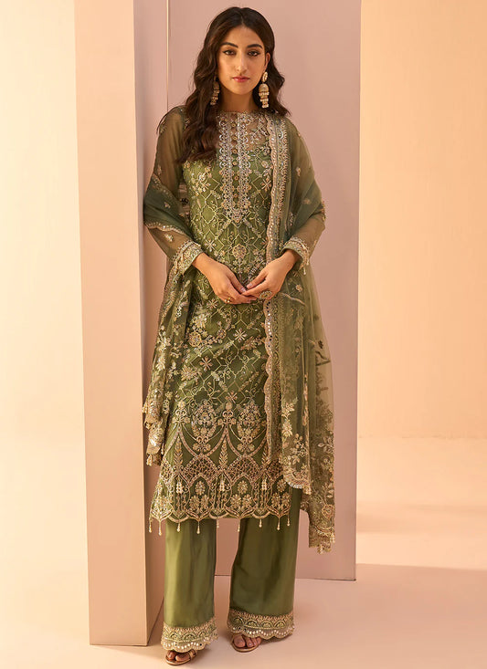Dusty green embroidered palazzo suit