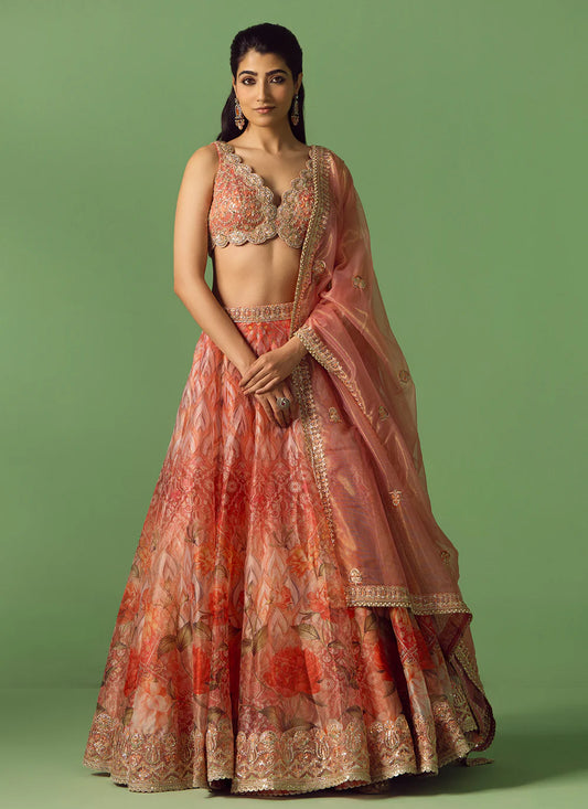 Peach Multicolor Floral Printed Organza Lehenga