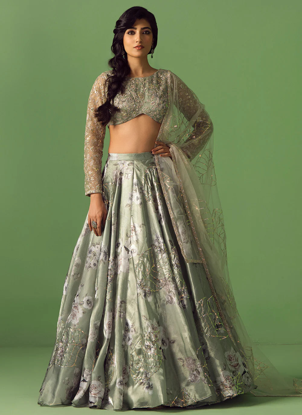 Sage green floral printed organza lehenga