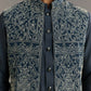 Blue kurta set with thread embroidered jacket