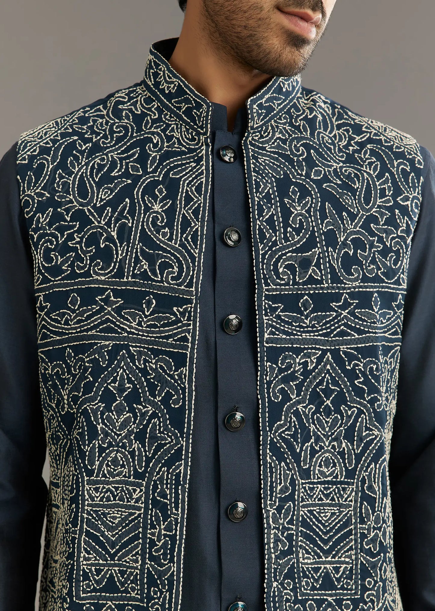 Blue kurta set with thread embroidered jacket