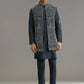 Blue kurta set with thread embroidered jacket