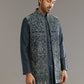 Blue kurta set with thread embroidered jacket