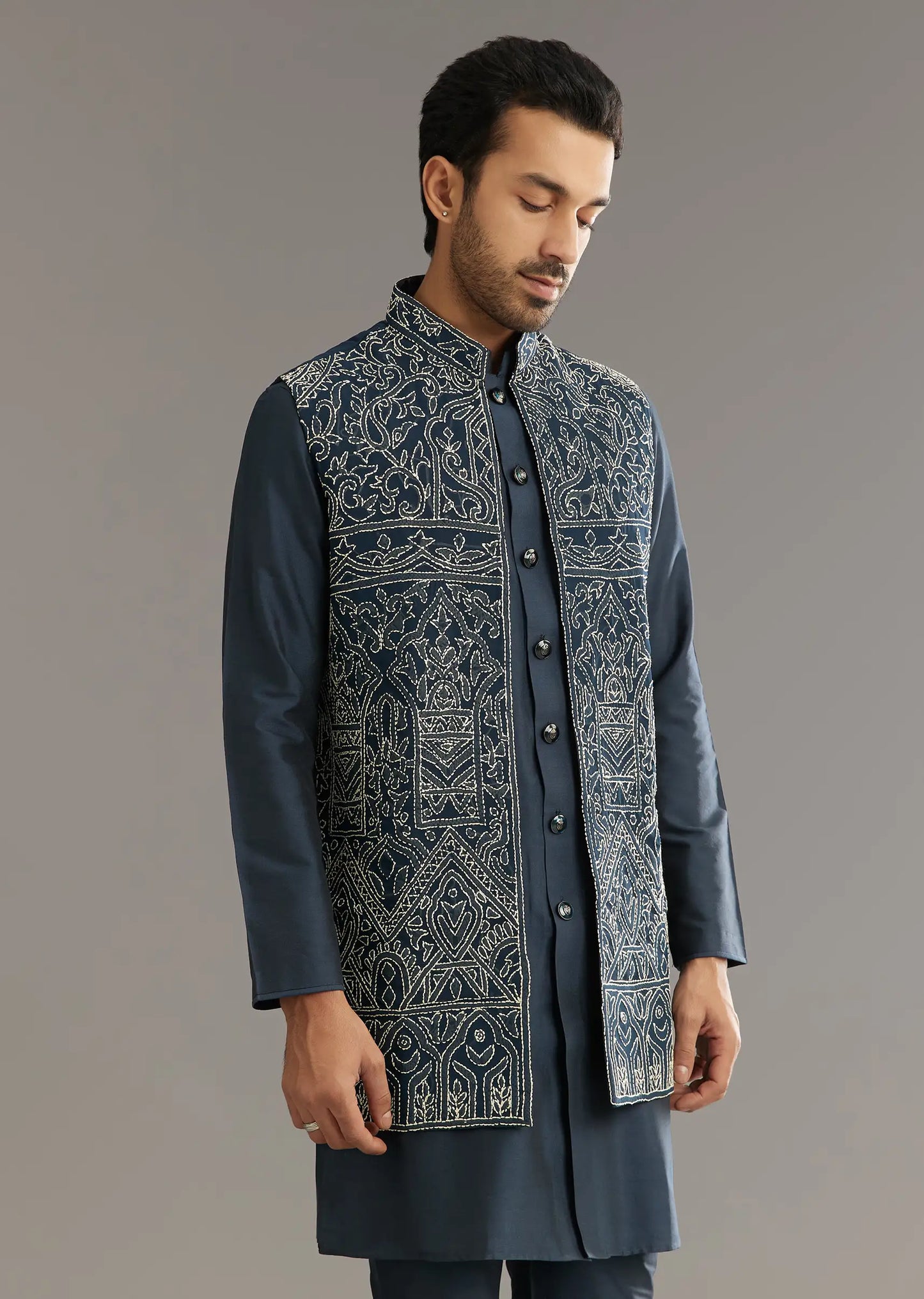 Blue kurta set with thread embroidered jacket