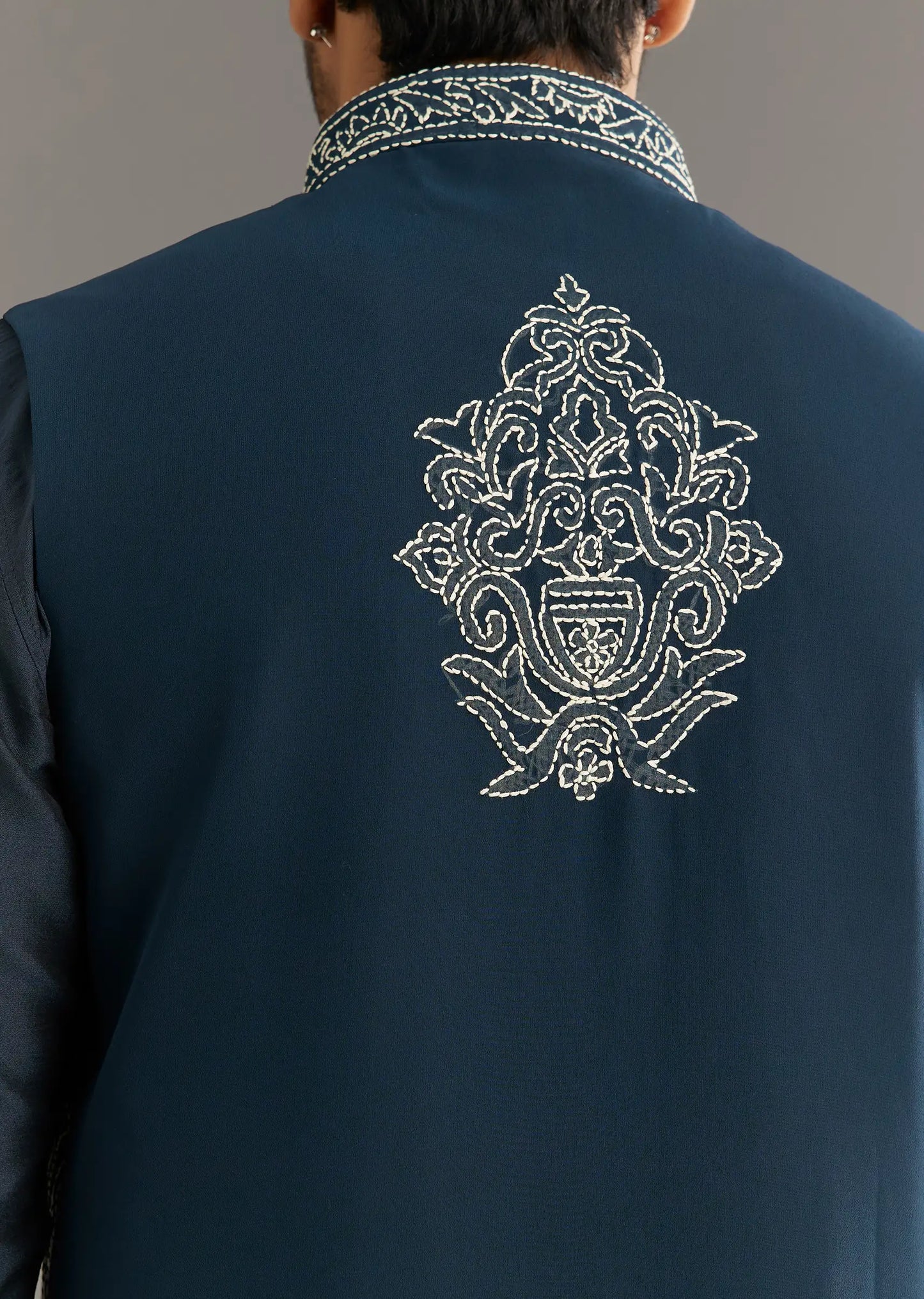 Blue kurta set with thread embroidered jacket