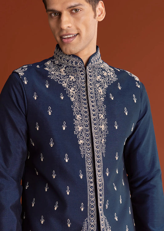 Blue cotton silk kurta jacket set