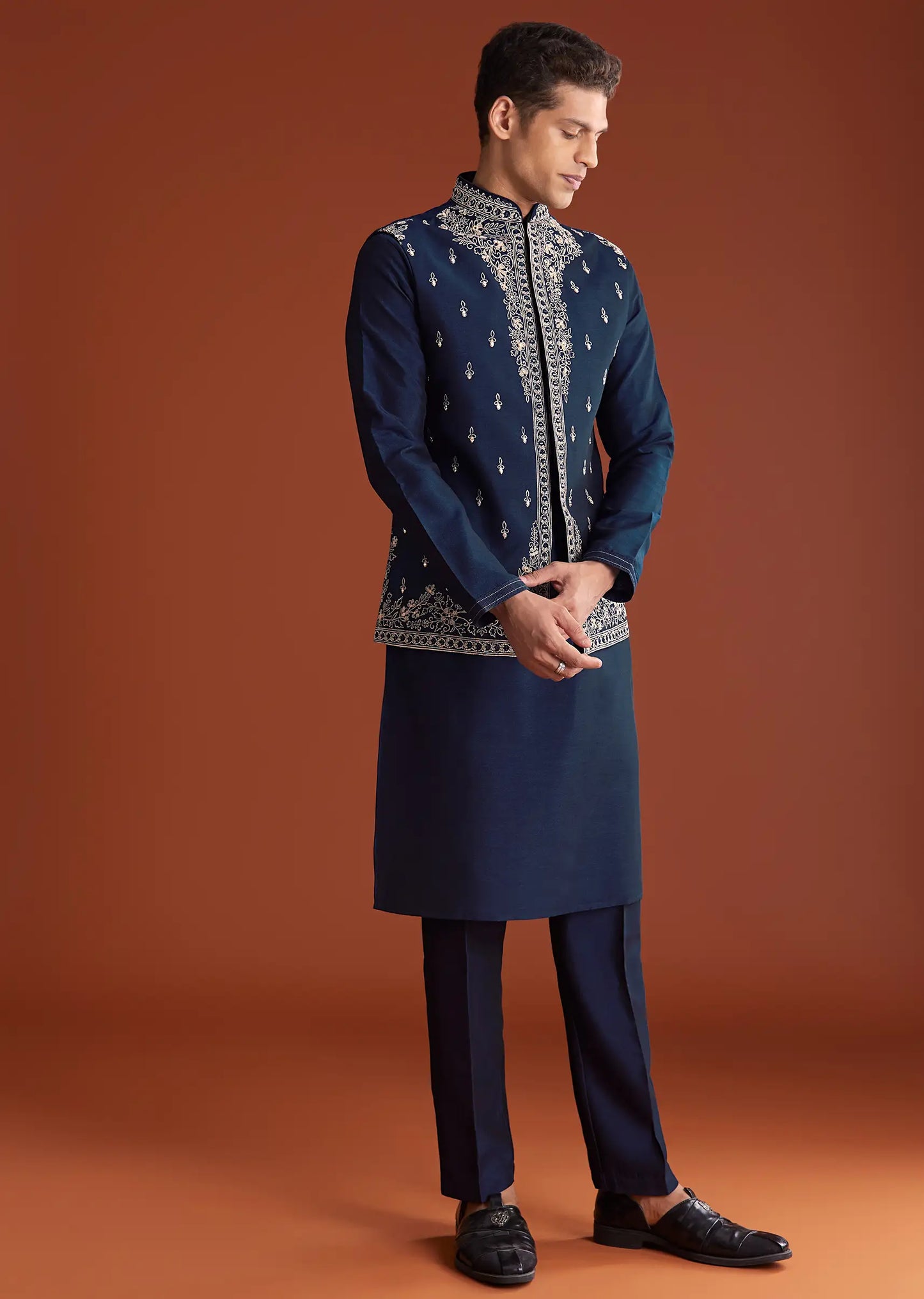 Blue cotton silk kurta jacket set
