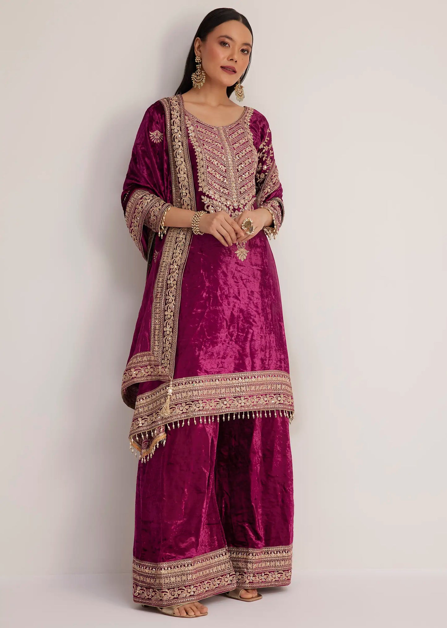 Magenta pink velvet embroidered palazzo suit