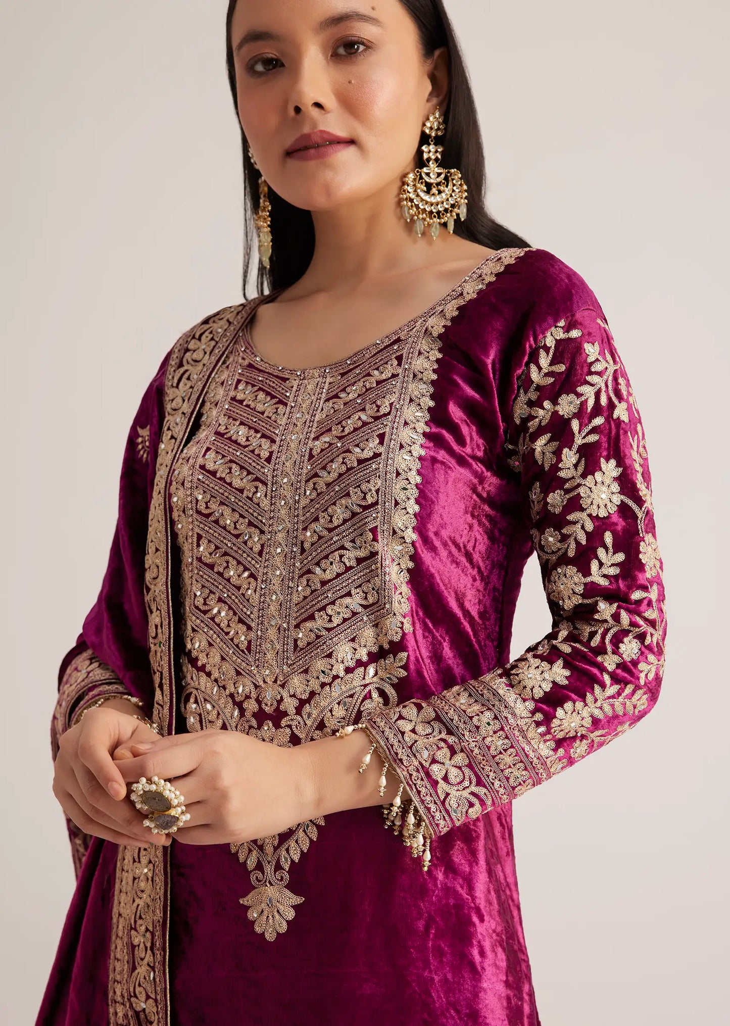 Magenta pink velvet embroidered palazzo suit