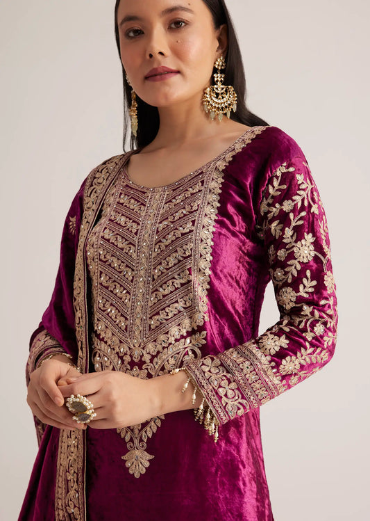 Magenta pink velvet embroidered palazzo suit
