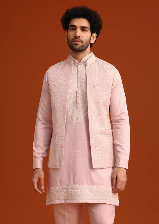 Purple satin embroidered jacket kurta set