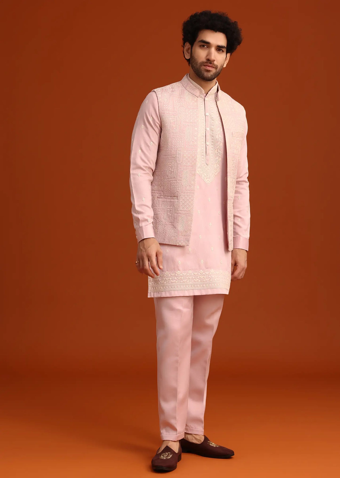 Purple satin embroidered jacket kurta set