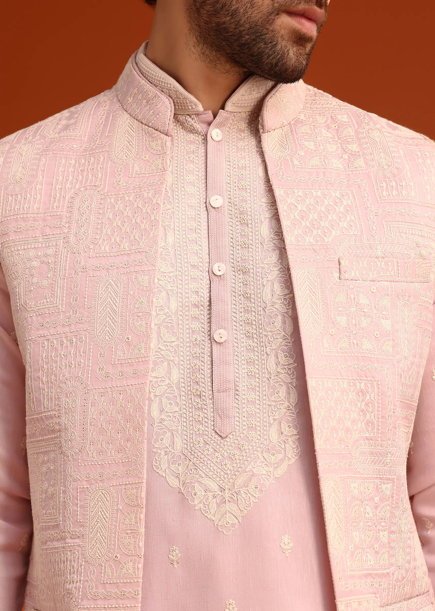 Purple satin embroidered jacket kurta set