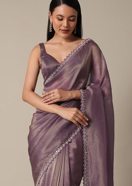 Regal purple pre-stitched saree with mirror and stone work