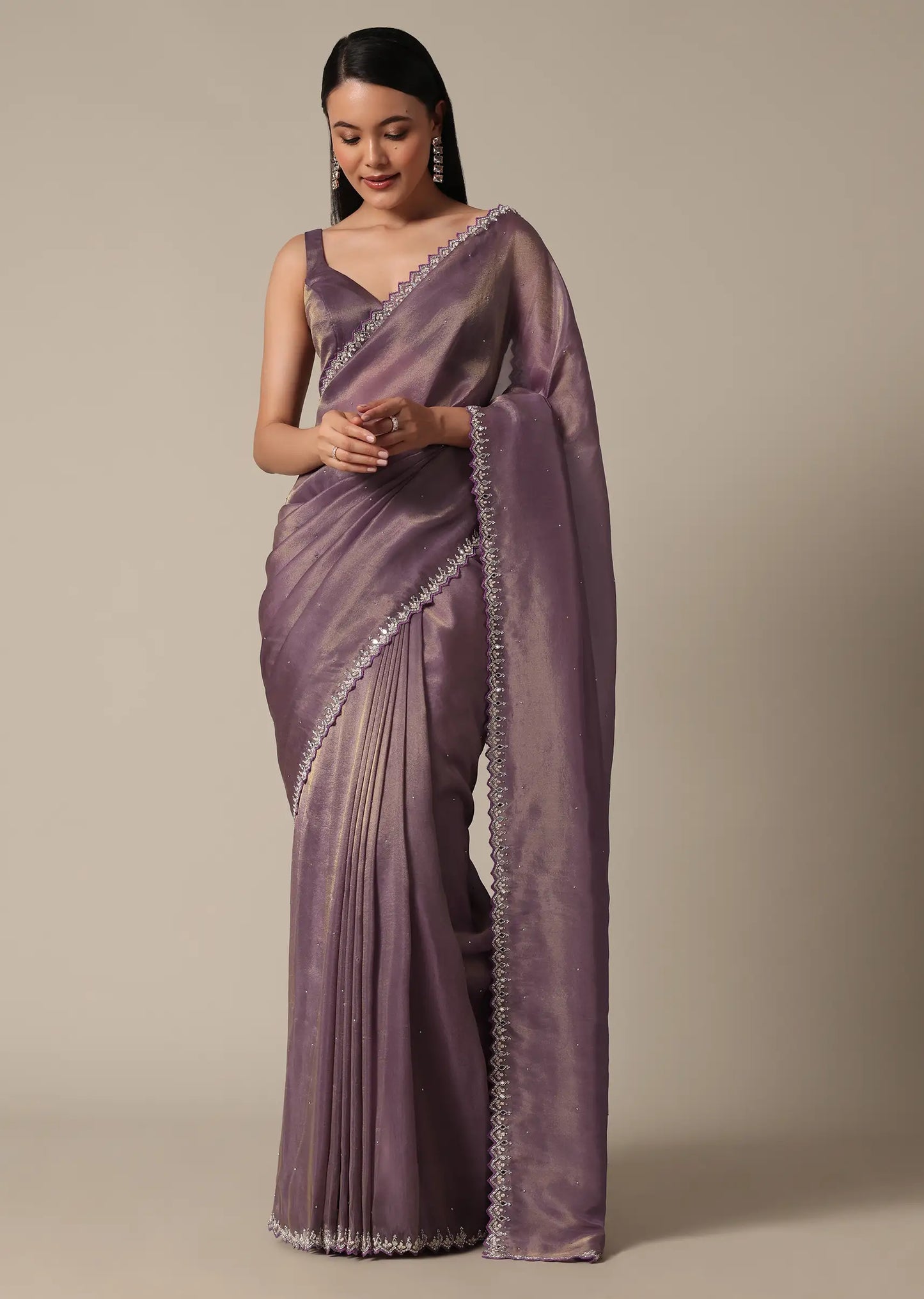 Regal purple pre-stitched saree with mirror and stone work
